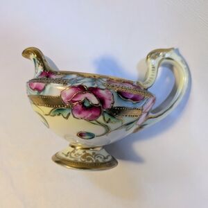 Antique Nippon Hand-Painted Footed Handled Bowl | Maple Leaf Mark | c.1891–1911